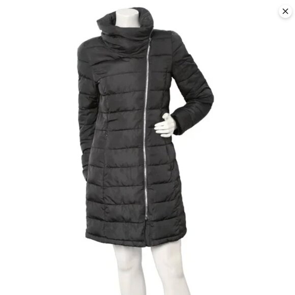 DKNY Asymmetrical Puffer Jacket Packable Winter Coat Hooded Black Pillow Collar - Picture 2 of 16
